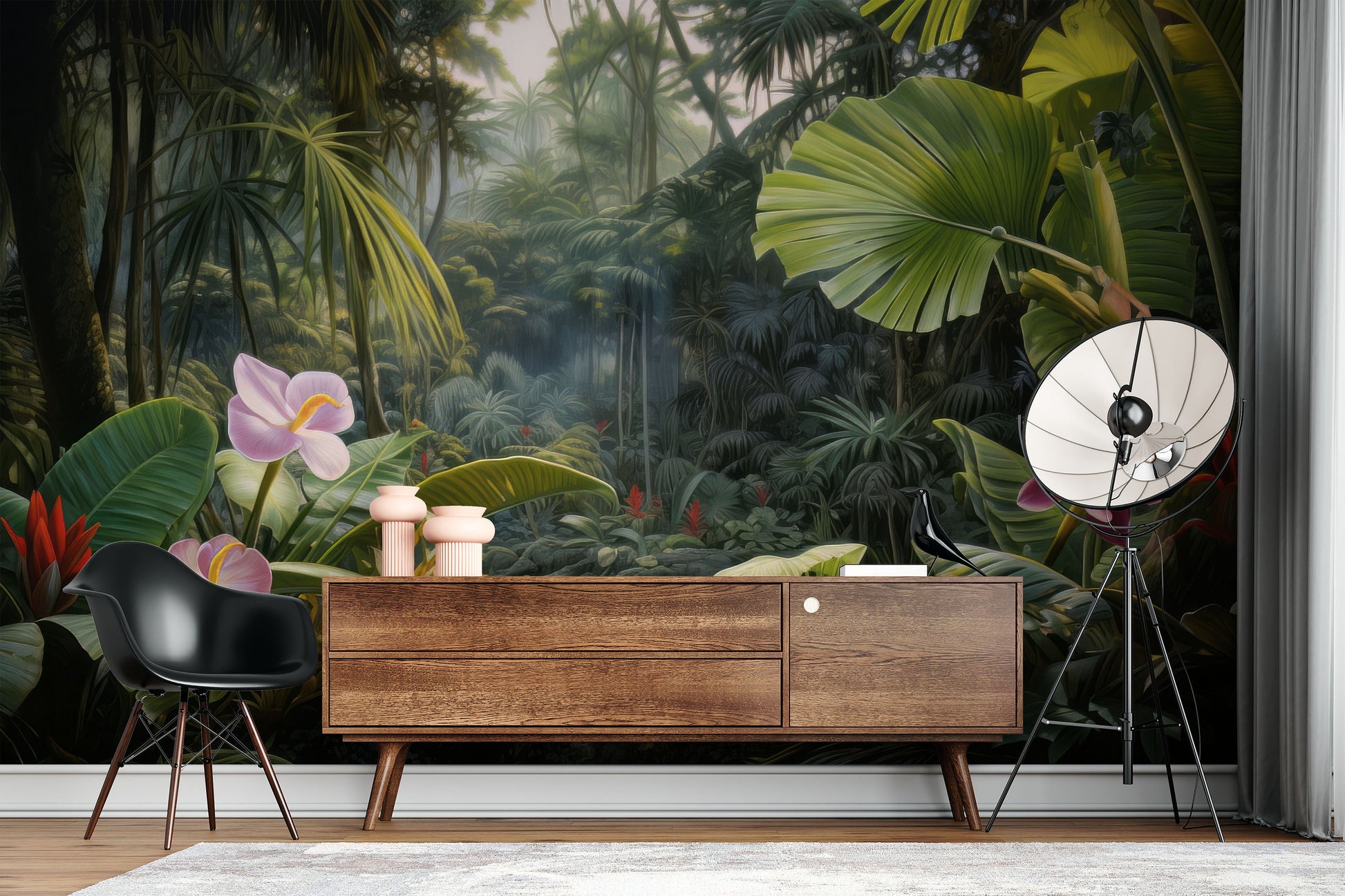 Painted Tropical Forest Plants Floral Wallpaper – scale reference, Golden Era Walls