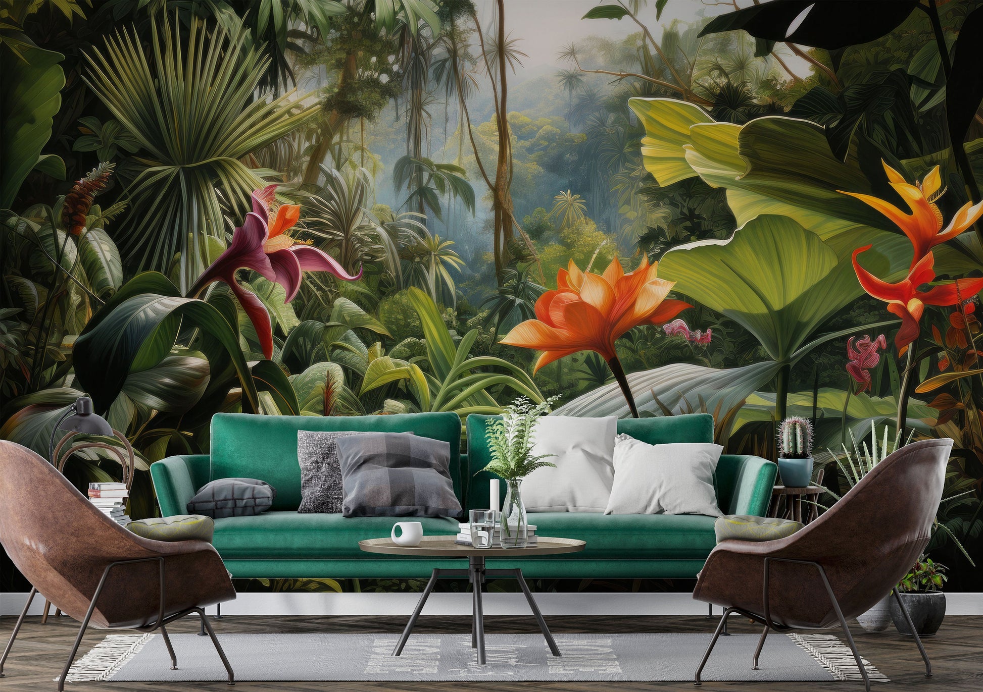 Misty Rainforest Tropical Tropical Tropical Wallpaper – room setting, Golden Era Walls