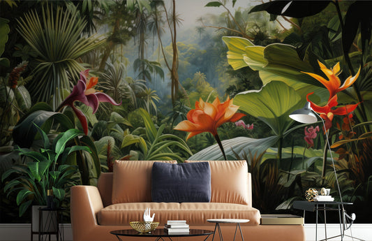 Misty Rainforest Tropical Tropical Tropical Wallpaper – lifestyle view, Golden Era Walls