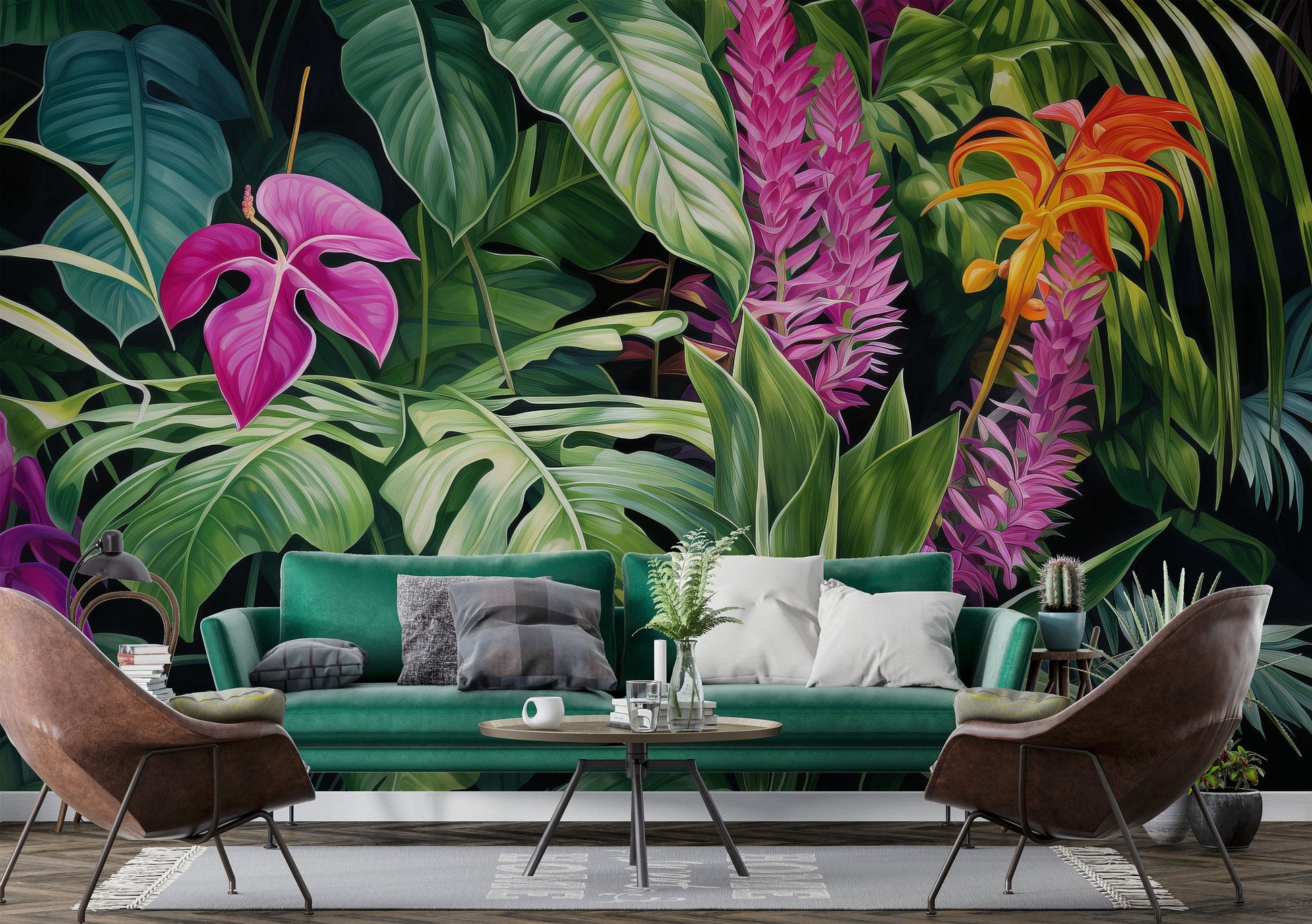 Tropical Floral Self Adhesive Floral Wallpaper – room setting, Golden Era Walls