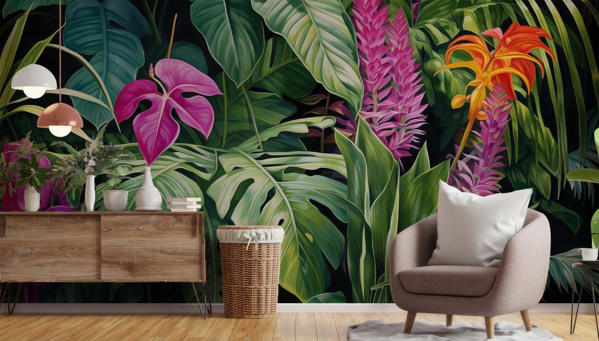 Tropical Floral Self Adhesive Floral Wallpaper – lifestyle view, Golden Era Walls