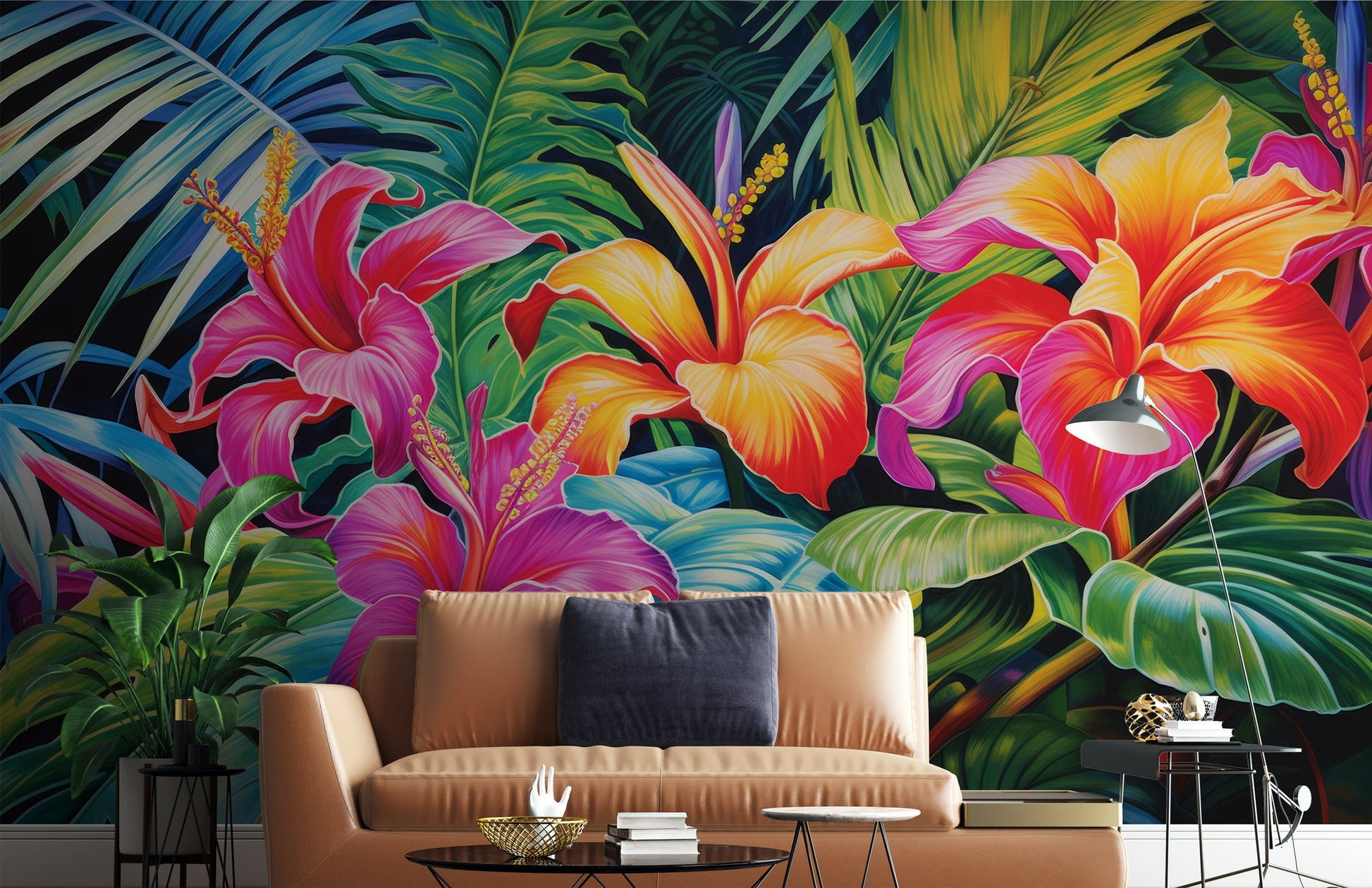 Green Tropical Leaves Pink Floral Wallpaper – lifestyle view, Golden Era Walls