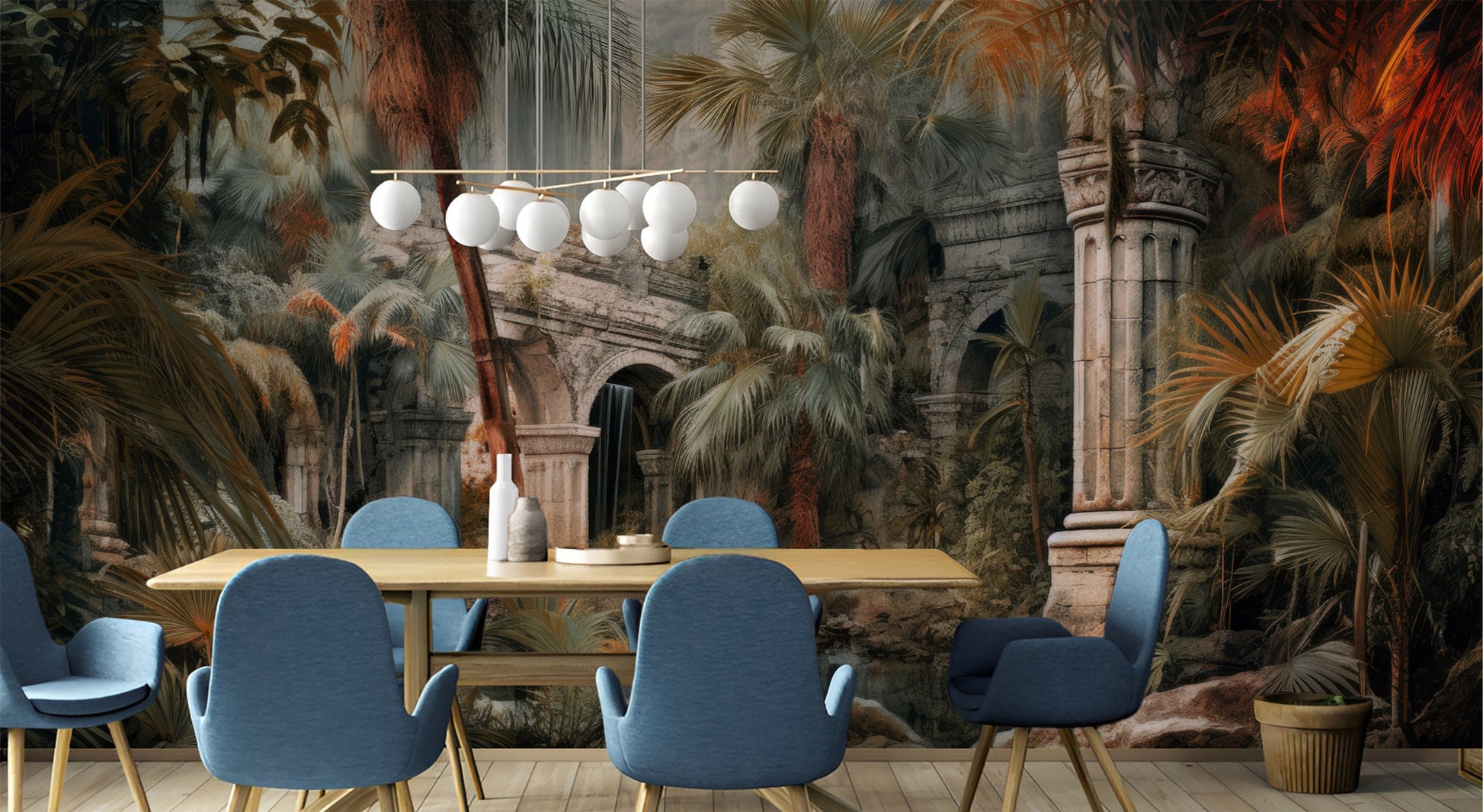 Vintage Jungle Old History Floral Wallpaper – room setting, Golden Era Walls