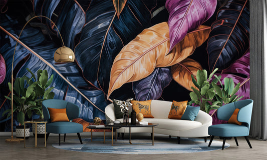 Dark Tropical Colorful Palm Floral Wallpaper – room setting, Golden Era Walls