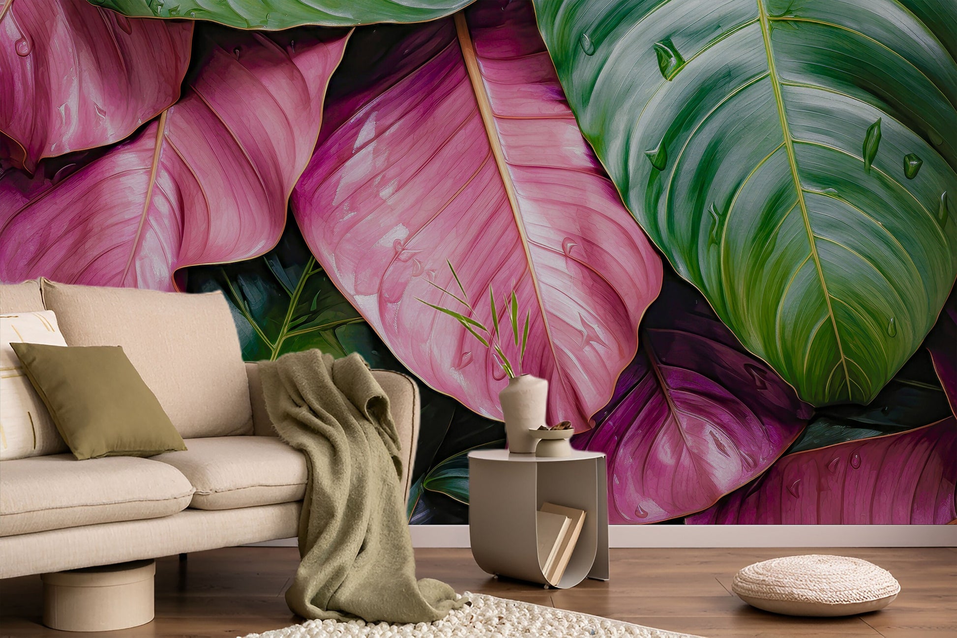 Watercolor Painting Leaves Tropical Tropical Wallpaper – room setting, Golden Era Walls