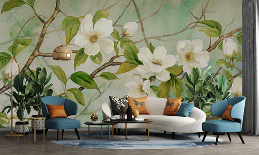 Watercolor Eucalyptus Leaf Soft Floral Wallpaper – lifestyle view, Golden Era Walls