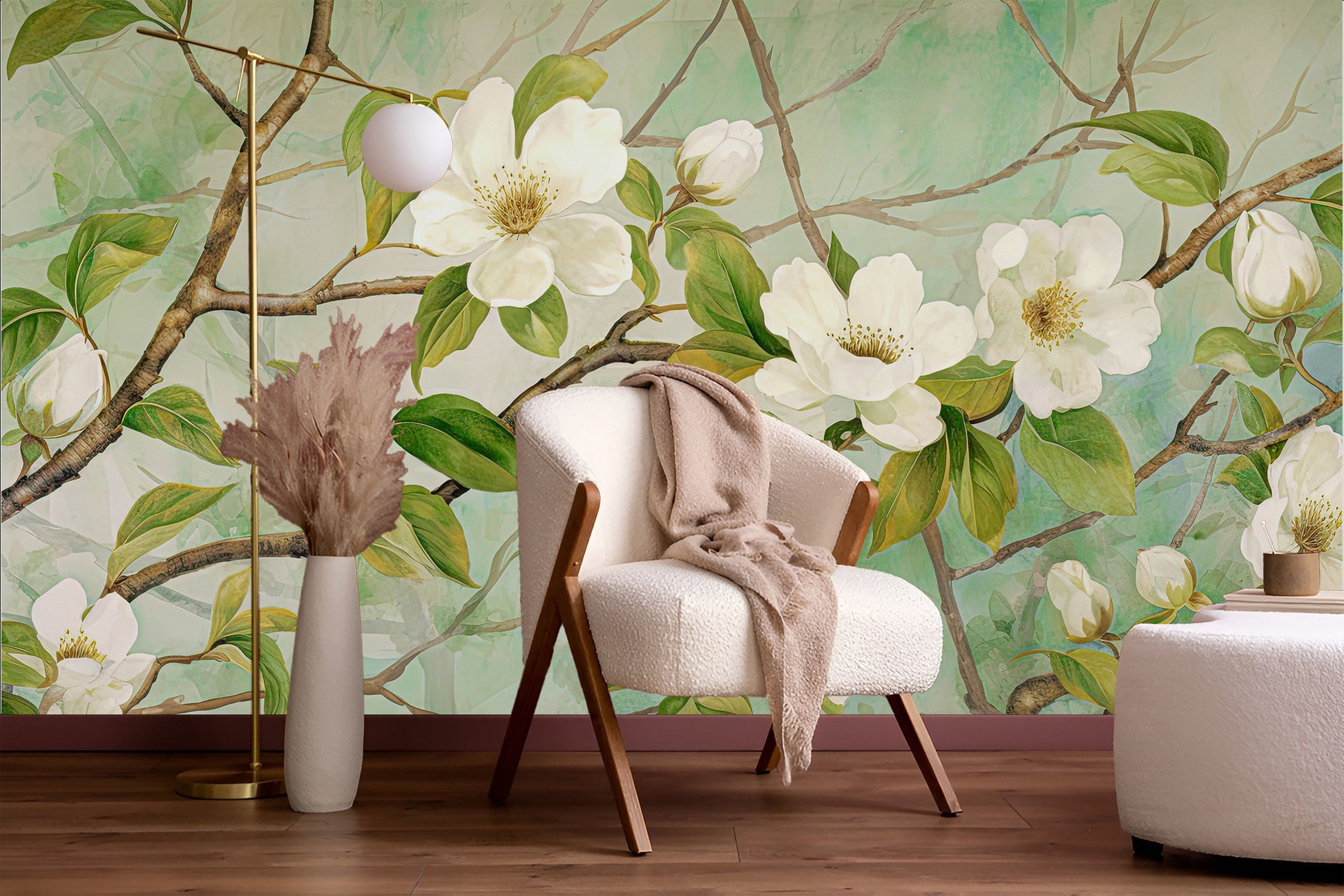 Watercolor Eucalyptus Leaf Soft Floral Wallpaper – scale reference, Golden Era Walls