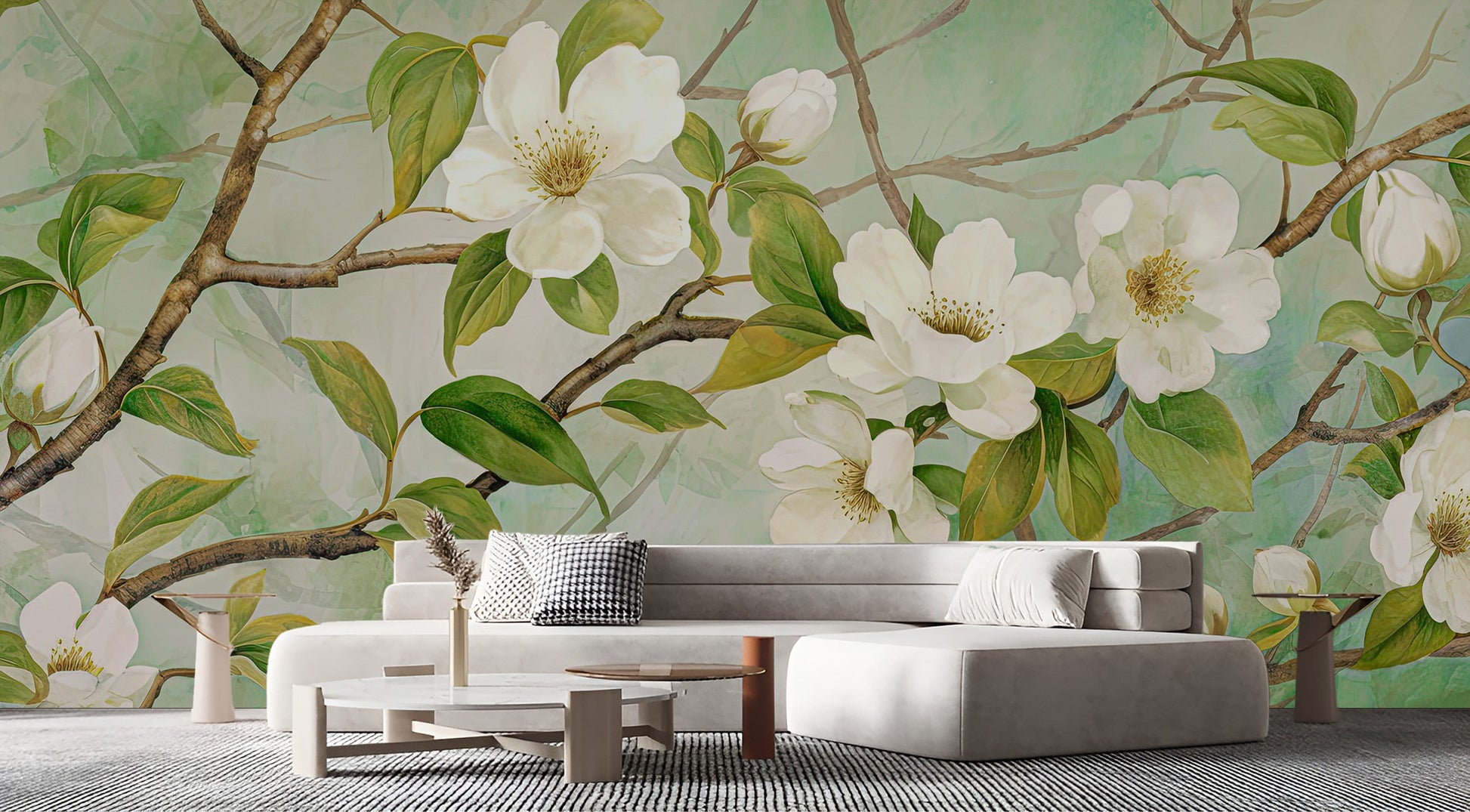 Watercolor Eucalyptus Leaf Soft Floral Wallpaper – peel and stick wallpaper mural, Golden Era Walls