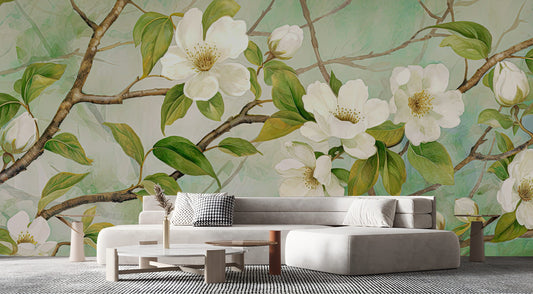 Watercolor Eucalyptus Leaf Soft Floral Wallpaper – peel and stick wallpaper mural, Golden Era Walls