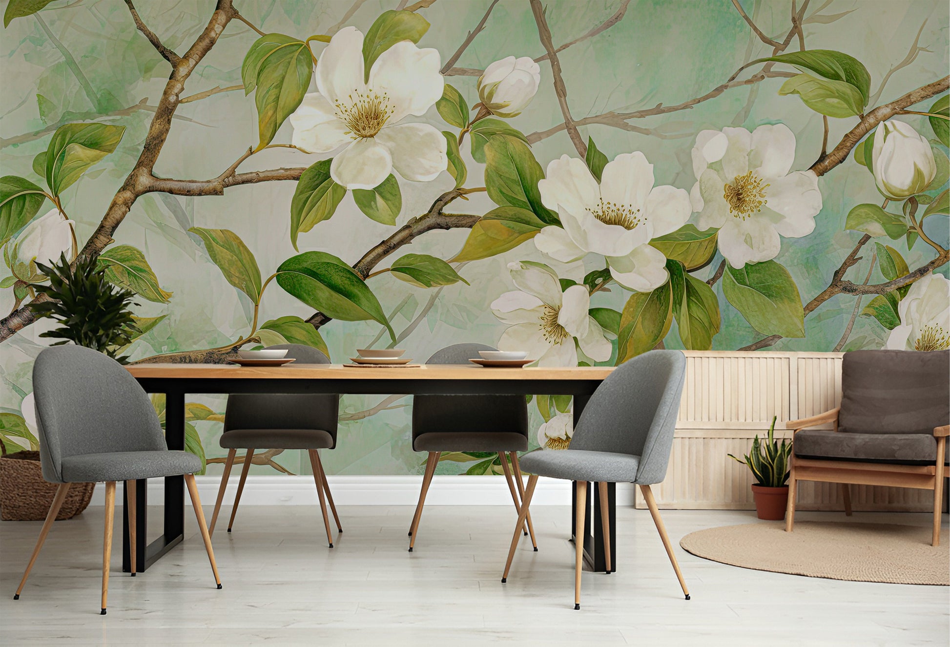 Watercolor Eucalyptus Leaf Soft Floral Wallpaper – alternate view, Golden Era Walls
