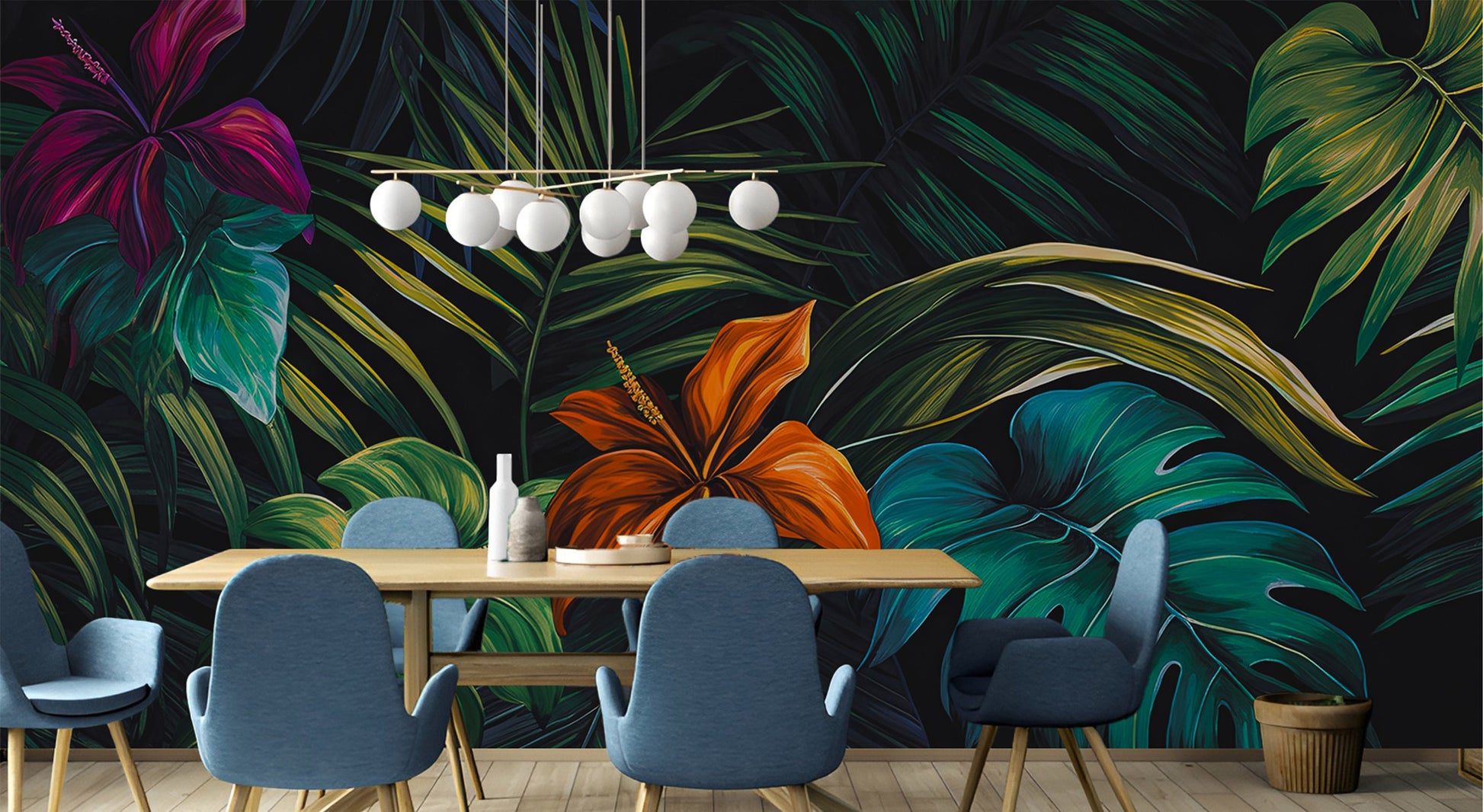 Vintage Botanical Abstract Jungle Floral Wallpaper – scale reference, Golden Era Walls