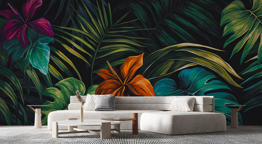 Vintage Botanical Abstract Jungle Floral Wallpaper – lifestyle view, Golden Era Walls