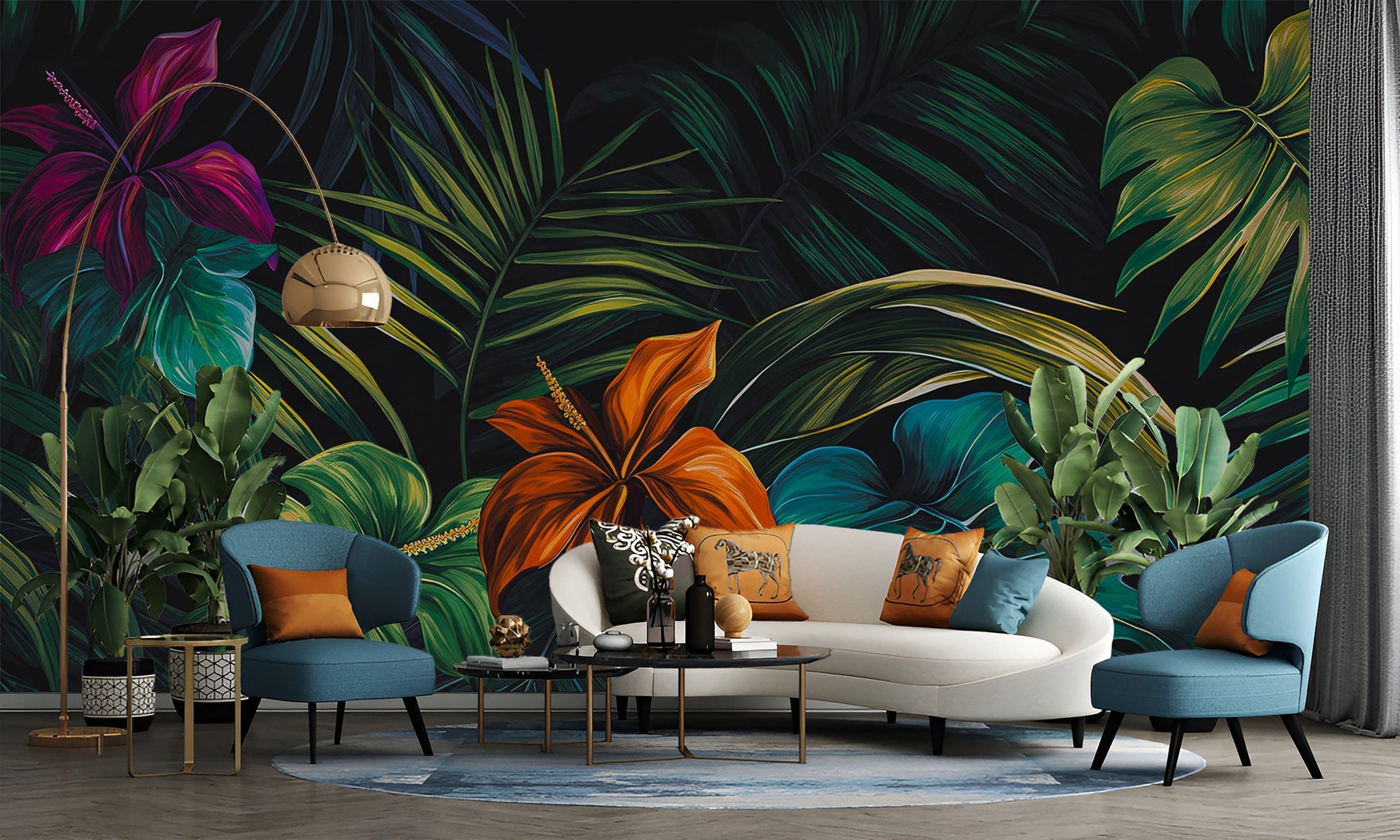 Vintage Botanical Abstract Jungle Floral Wallpaper – room setting, Golden Era Walls