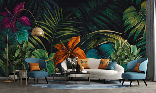 Vintage Botanical Abstract Jungle Floral Wallpaper – room setting, Golden Era Walls