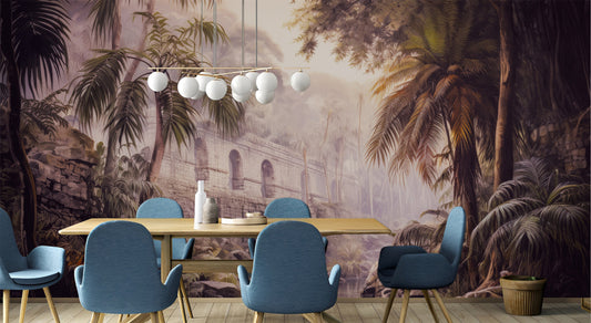 Tropical Retreat Jungle Vintage Tropical Wallpaper – room setting, Golden Era Walls