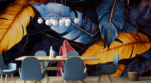 Tropical leaves Colorful Palm Floral Wallpaper – room setting, Golden Era Walls