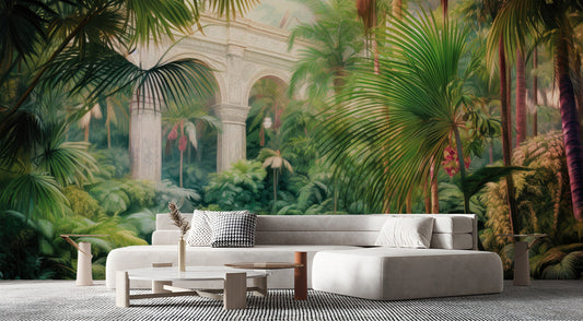 Jungle Adventure Rainforest Office Floral Wallpaper – lifestyle view, Golden Era Walls