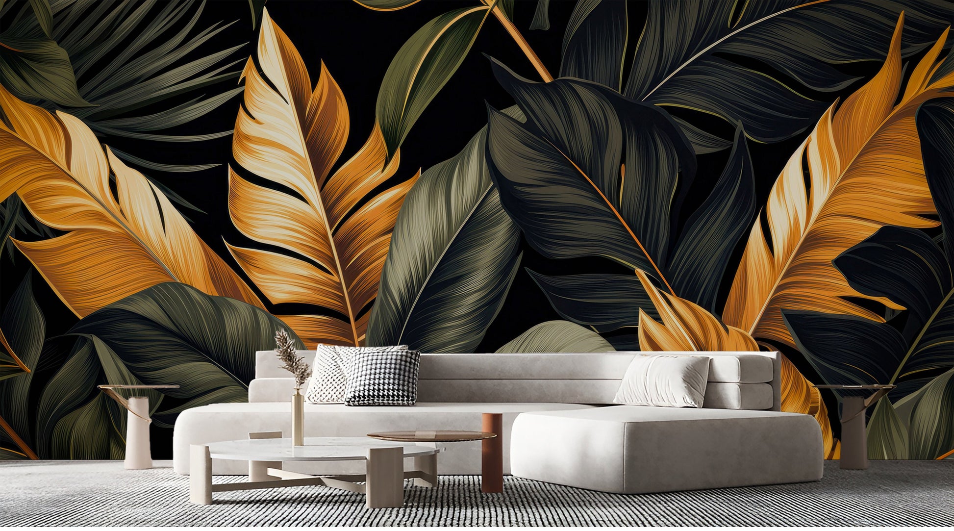 Elegant Black Tropical Home Floral Wallpaper – scale reference, Golden Era Walls