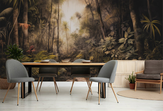 Dark Vintage Forest Landscape Floral Wallpaper – room setting, Golden Era Walls
