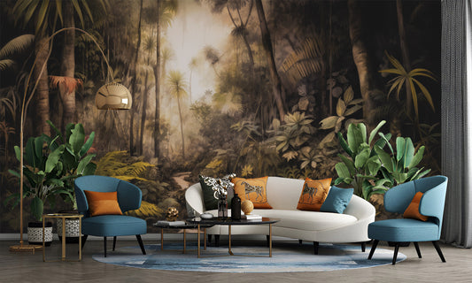 Dark Vintage Forest Landscape Floral Wallpaper – peel and stick wallpaper mural, Golden Era Walls
