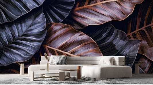 Dark Tropical Jungle Leaves Floral Wallpaper – room setting, Golden Era Walls