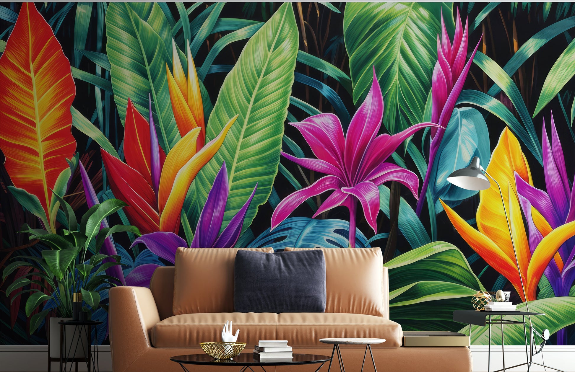 Watercolor Tropical Jungle Bold Floral Wallpaper – room setting, Golden Era Walls