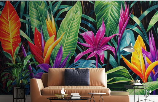 Watercolor Tropical Jungle Bold Floral Wallpaper – room setting, Golden Era Walls