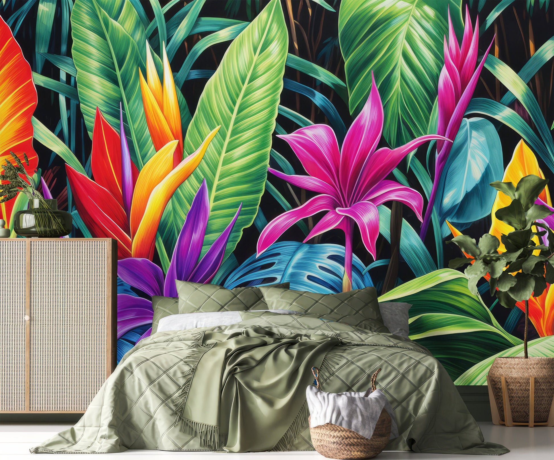 Watercolor Tropical Jungle Bold Floral Wallpaper – detail view, Golden Era Walls