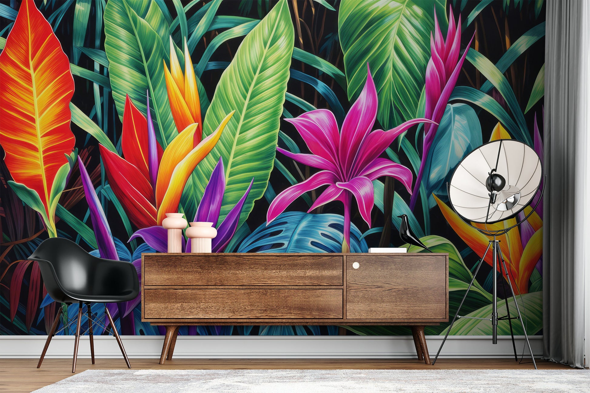 Watercolor Tropical Jungle Bold Floral Wallpaper – lifestyle view, Golden Era Walls