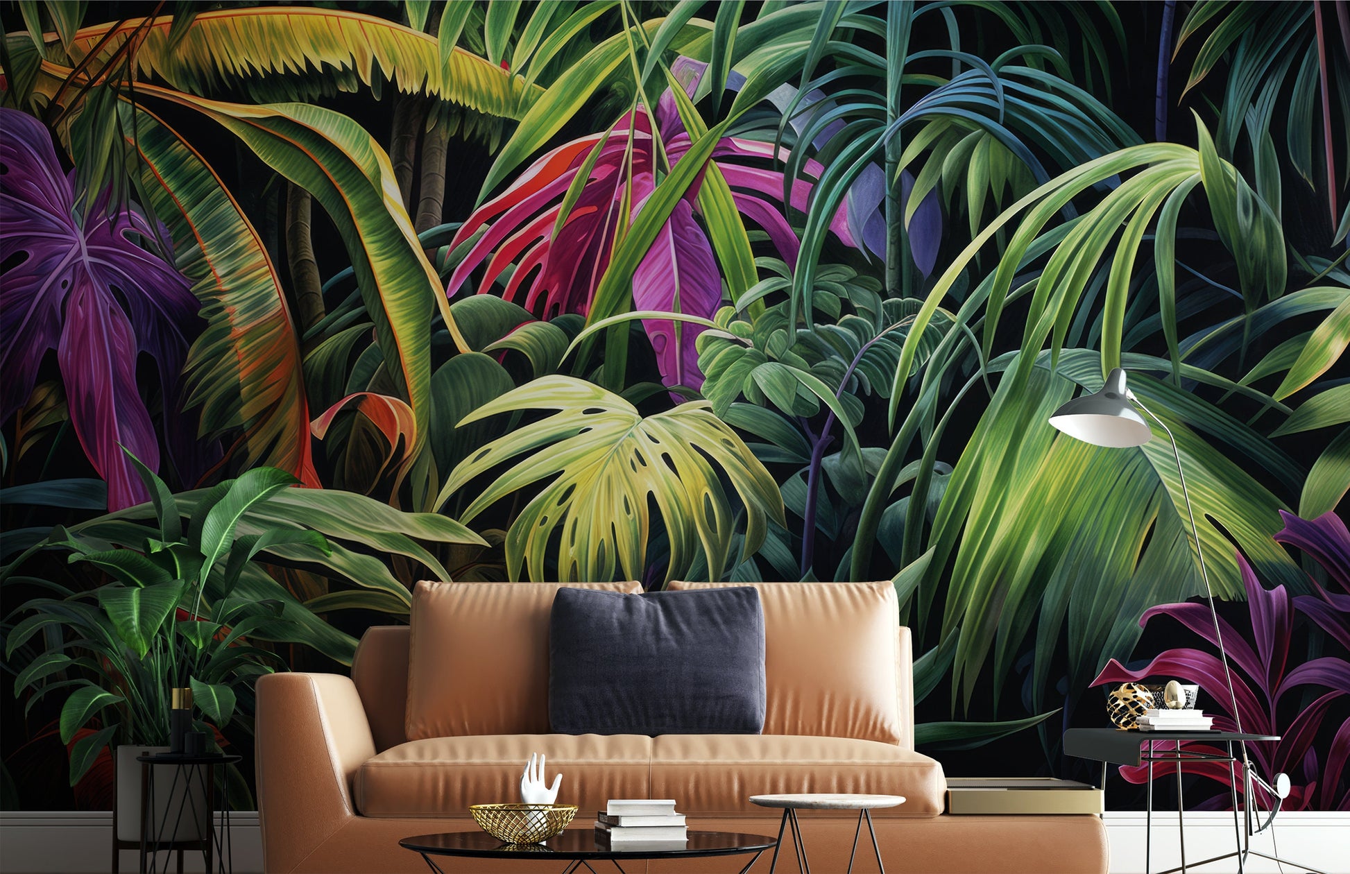 Vintage Exotic Leaves Birds Tropical Wallpaper – detail view, Golden Era Walls