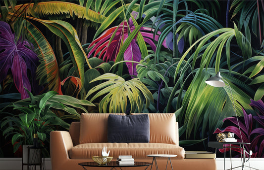 Vintage Exotic Leaves Birds Tropical Wallpaper – detail view, Golden Era Walls