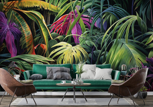 Vintage Exotic Leaves Birds Tropical Wallpaper – room setting, Golden Era Walls