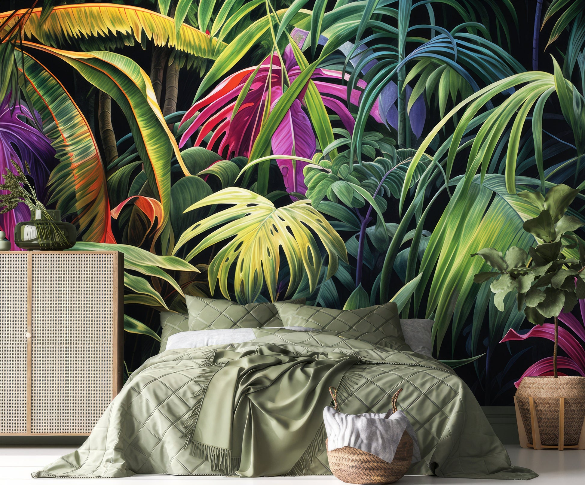 Vintage Exotic Leaves Birds Tropical Wallpaper – scale reference, Golden Era Walls