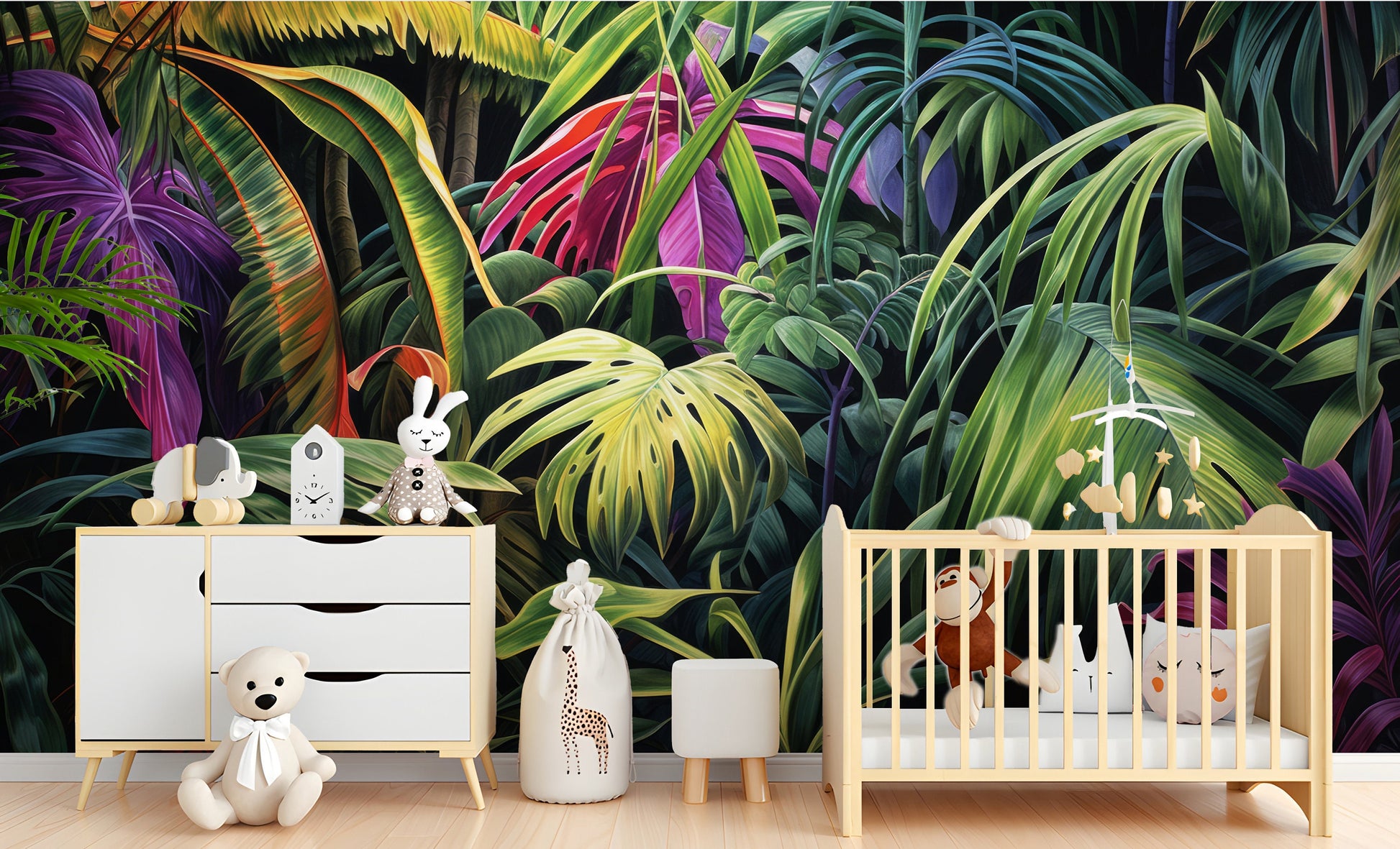 Vintage Exotic Leaves Birds Tropical Wallpaper – alternate view, Golden Era Walls