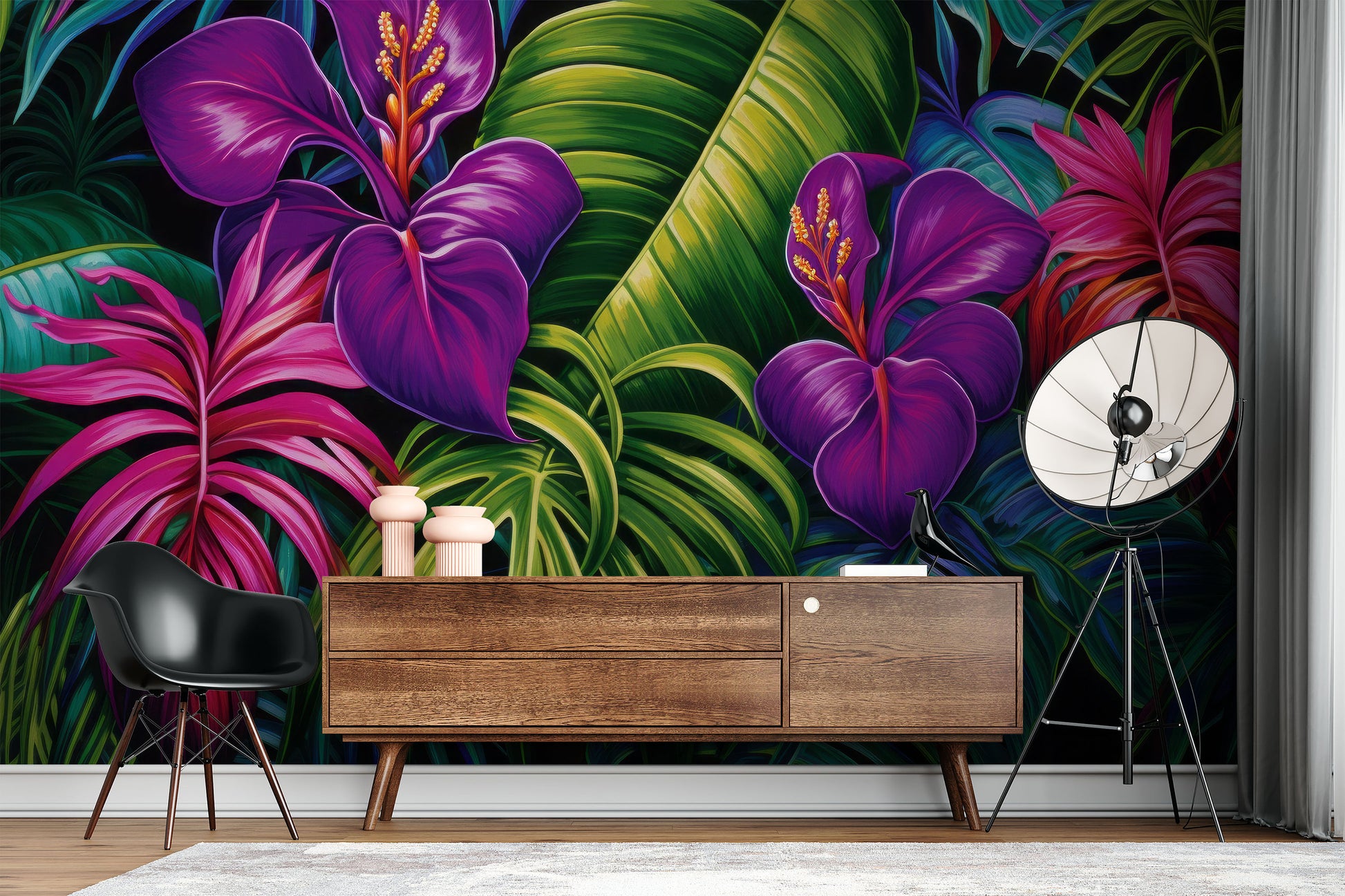 Tropical Colorful Tropical Leaves Tropical Wallpaper – room setting, Golden Era Walls