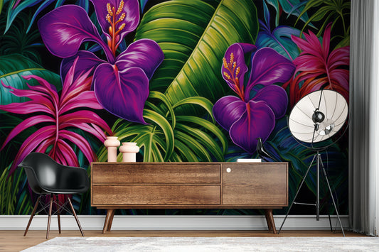 Tropical Colorful Tropical Leaves Tropical Wallpaper – room setting, Golden Era Walls