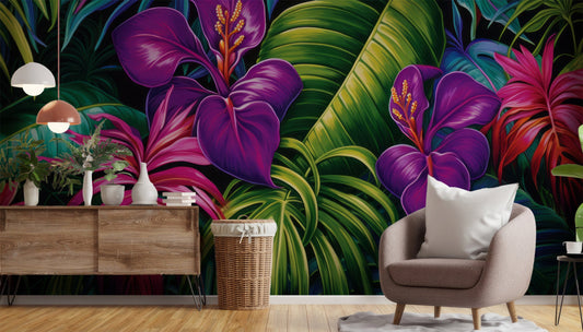 Tropical Colorful Tropical Leaves Tropical Wallpaper – lifestyle view, Golden Era Walls