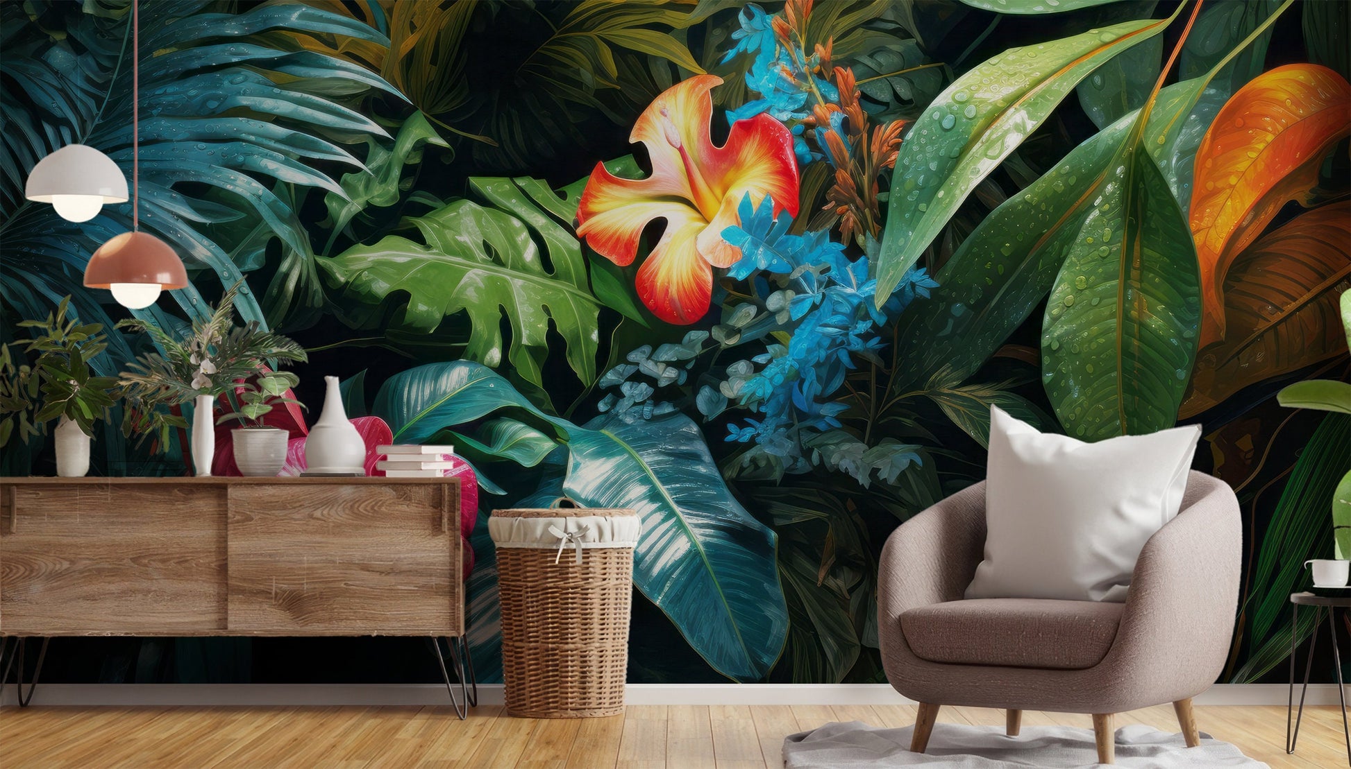 Tropical Leaves Leaf Dark Floral Wallpaper – scale reference, Golden Era Walls
