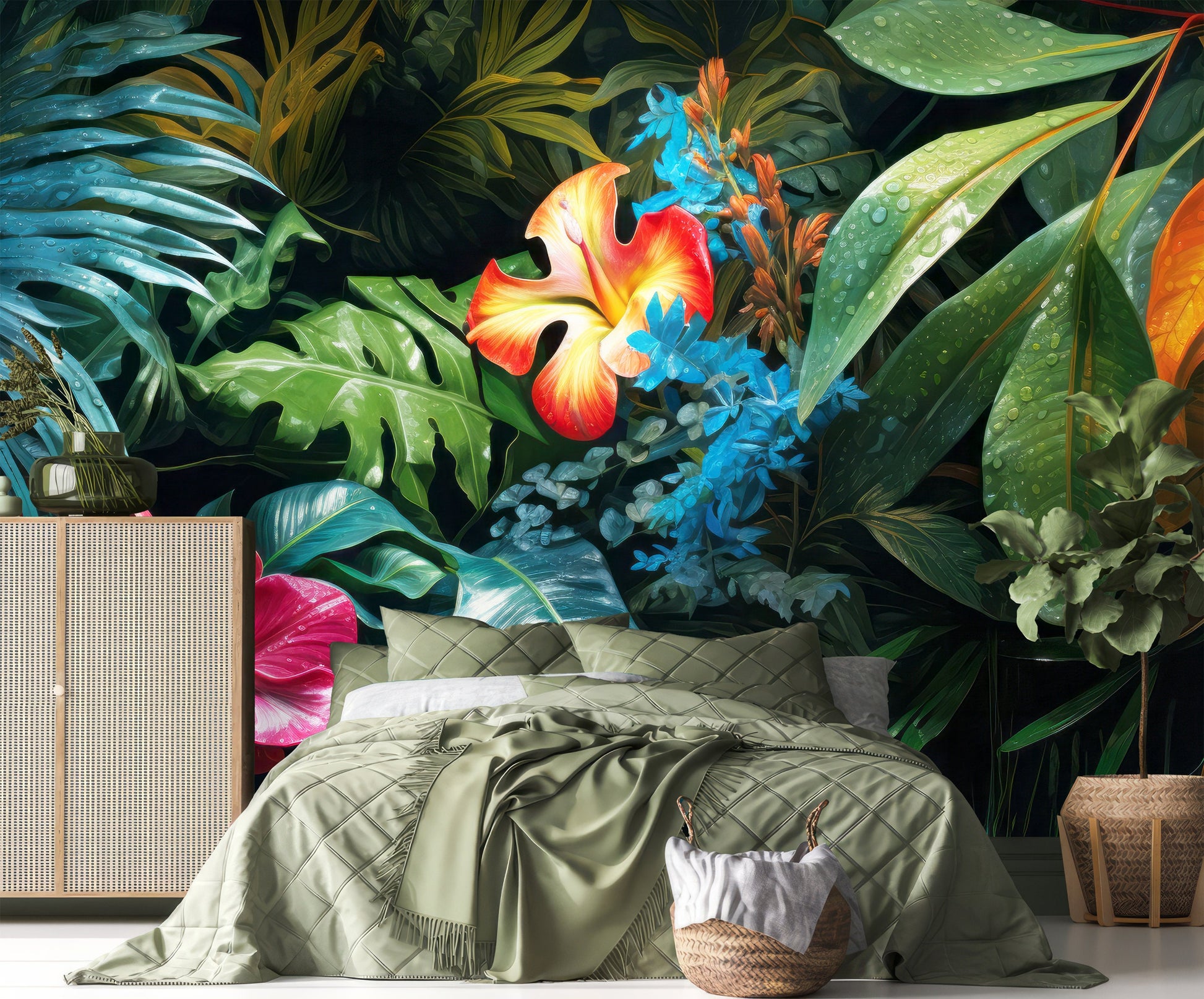 Tropical Leaves Leaf Dark Floral Wallpaper – peel and stick wallpaper mural, Golden Era Walls