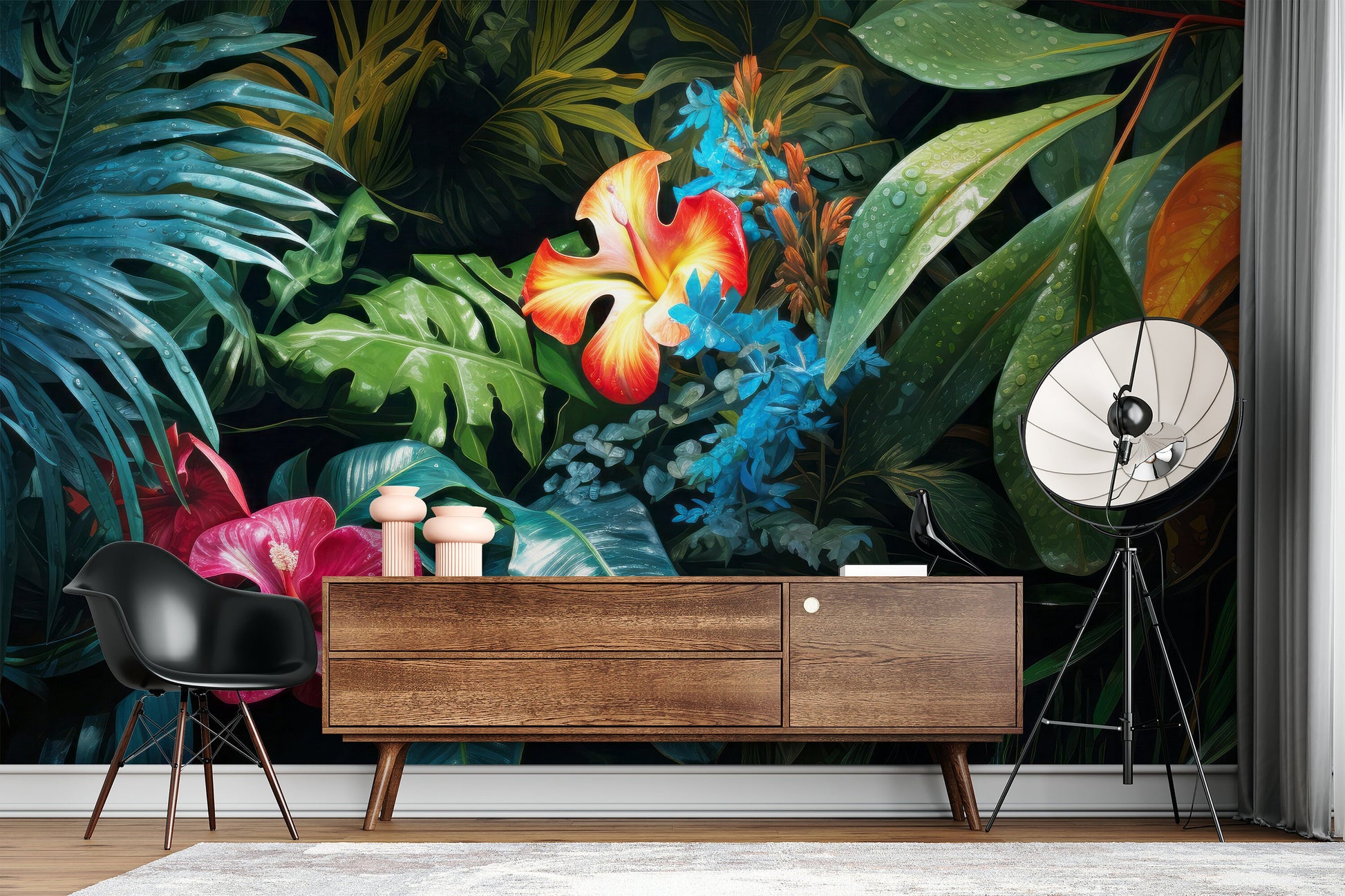 Tropical Leaves Leaf Dark Floral Wallpaper – detail view, Golden Era Walls