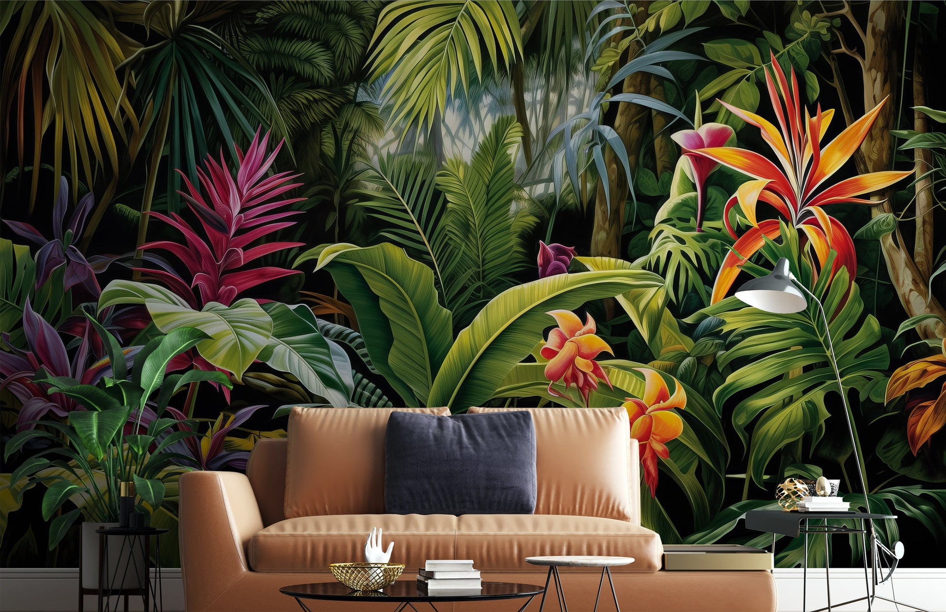 Tropical Jungle Plants Banana Floral Wallpaper – room setting, Golden Era Walls