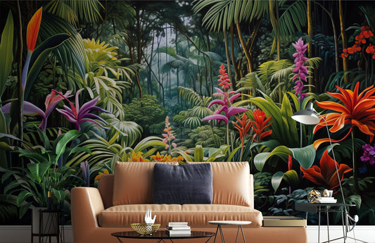 Tropical Forest Landscape Rainforest Tropical Wallpaper – room setting, Golden Era Walls