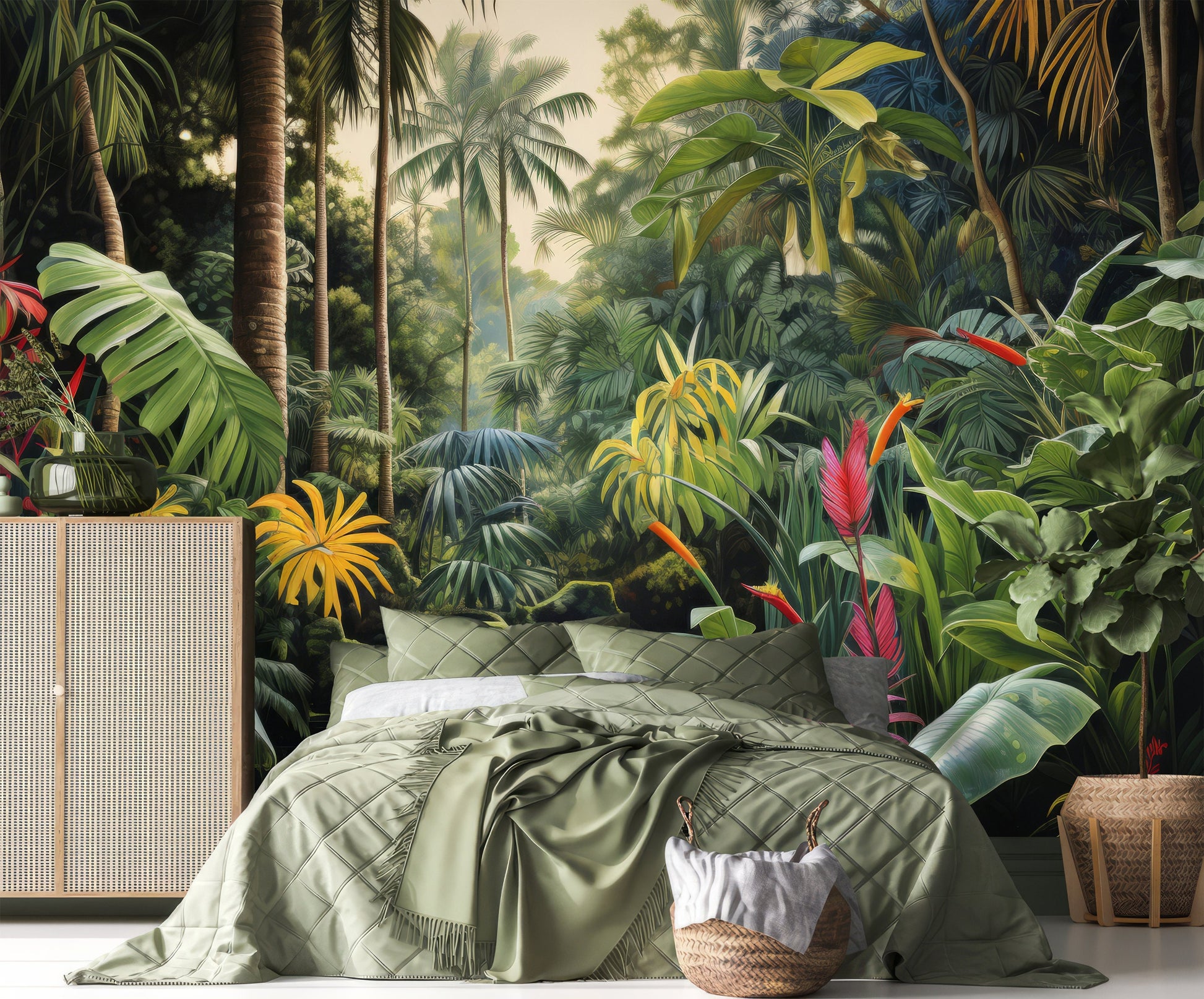 Soft Rainforest Banana Trees Tropical Wallpaper – scale reference, Golden Era Walls