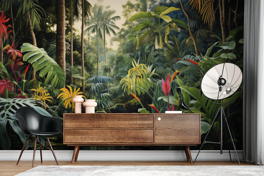 Soft Rainforest Banana Trees Tropical Wallpaper – lifestyle view, Golden Era Walls