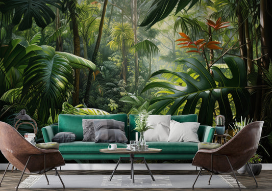 Rainforest Jungle Tropical Green Floral Wallpaper – peel and stick wallpaper mural, Golden Era Walls