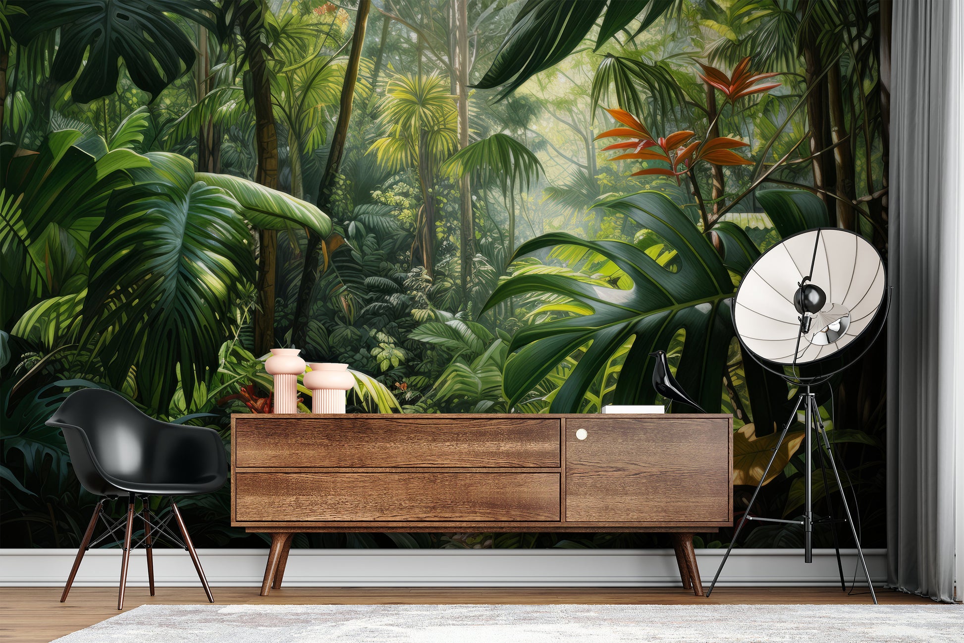 Rainforest Jungle Tropical Green Floral Wallpaper – scale reference, Golden Era Walls
