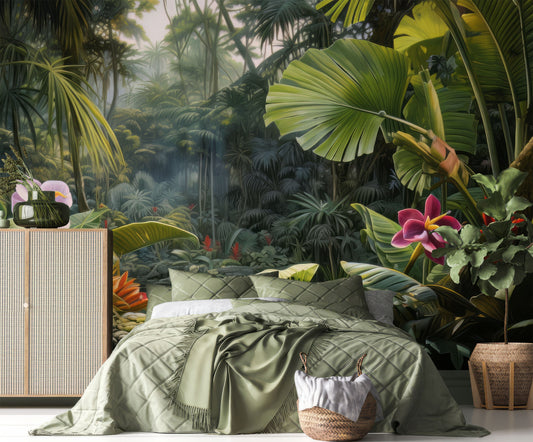 Painted Tropical Forest Plants Floral Wallpaper – peel and stick wallpaper mural, Golden Era Walls