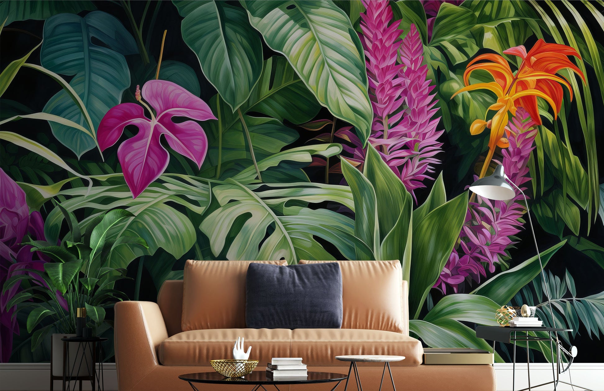 Tropical Floral Self Adhesive Floral Wallpaper – detail view, Golden Era Walls