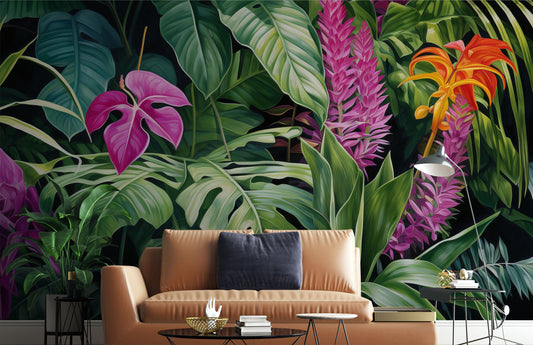 Tropical Floral Self Adhesive Floral Wallpaper – detail view, Golden Era Walls