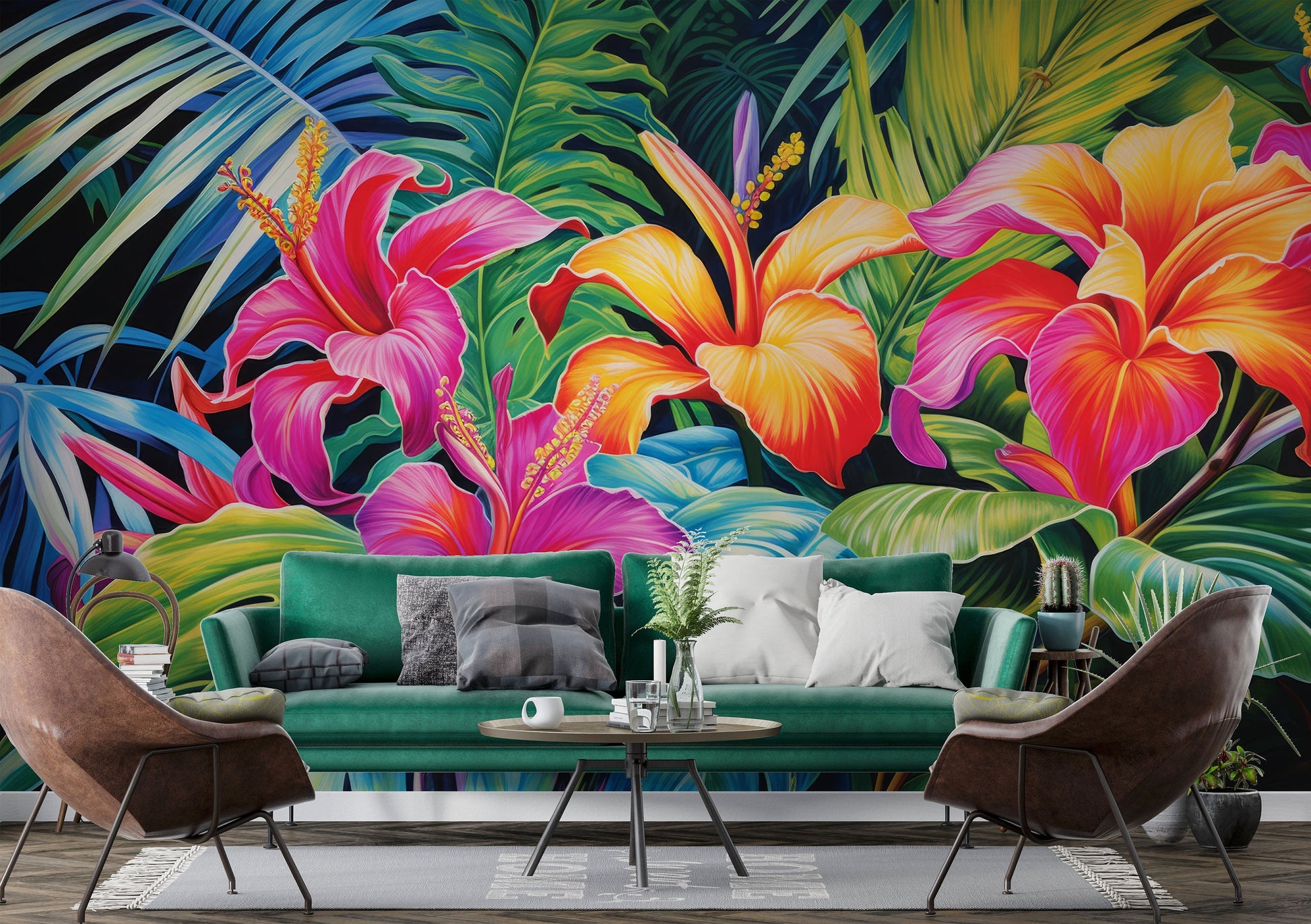 Green Tropical Leaves Pink Floral Wallpaper – room setting, Golden Era Walls